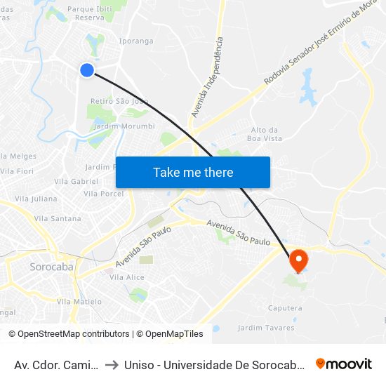 Av. Cdor. Camilo Júlio, Sn to Uniso - Universidade De Sorocaba Cidade Universitária map