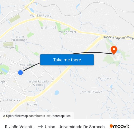 R. João Valentino Joel, 722 to Uniso - Universidade De Sorocaba Cidade Universitária map