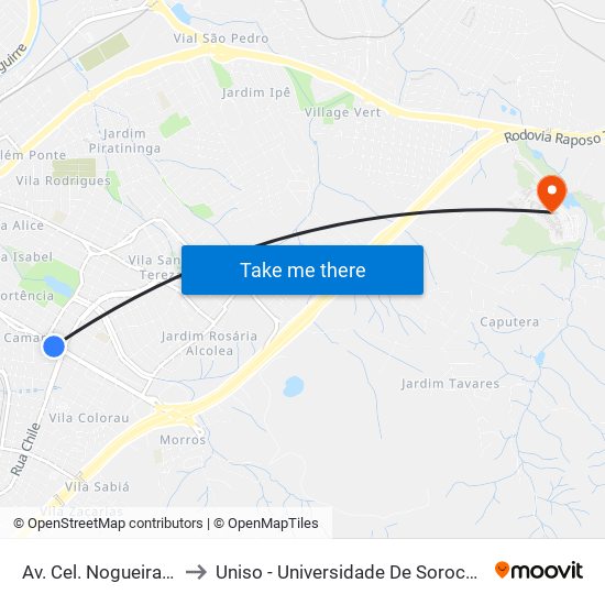 Av. Cel. Nogueira Padilha, 1770 to Uniso - Universidade De Sorocaba Cidade Universitária map