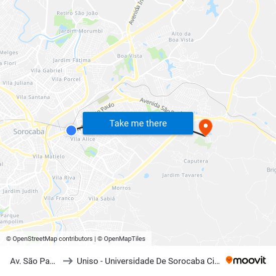 Av. São Paulo, 825 to Uniso - Universidade De Sorocaba Cidade Universitária map