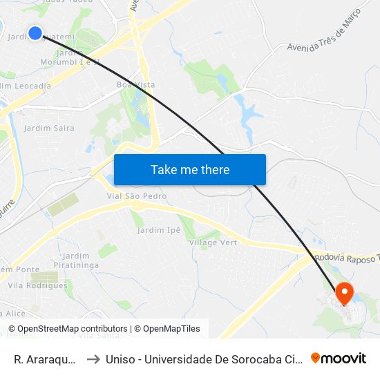 R. Araraquara, 563 to Uniso - Universidade De Sorocaba Cidade Universitária map