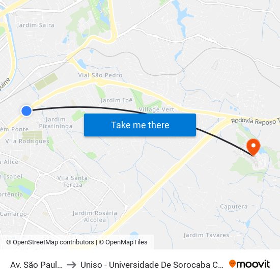 Av. São Paulo, 1791 to Uniso - Universidade De Sorocaba Cidade Universitária map