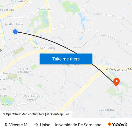 R. Vicente Matiello, Sn to Uniso - Universidade De Sorocaba Cidade Universitária map