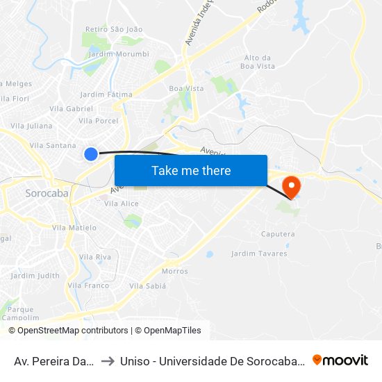 Av. Pereira Da Silva, 797 to Uniso - Universidade De Sorocaba Cidade Universitária map