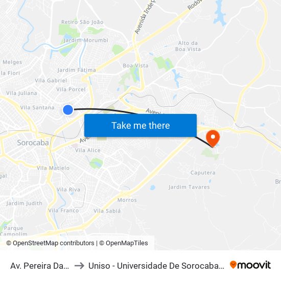 Av. Pereira Da Silva, 927 to Uniso - Universidade De Sorocaba Cidade Universitária map