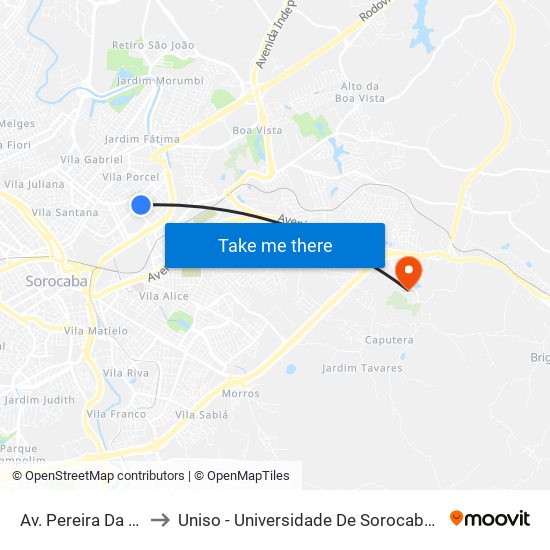 Av. Pereira Da Silva, 1300 to Uniso - Universidade De Sorocaba Cidade Universitária map