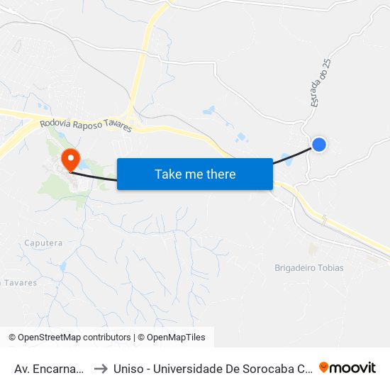 Av. Encarnação, 127 to Uniso - Universidade De Sorocaba Cidade Universitária map