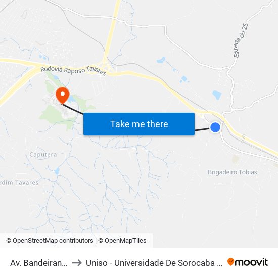 Av. Bandeirantes, 3221 to Uniso - Universidade De Sorocaba Cidade Universitária map