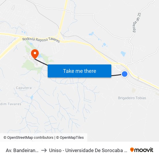 Av. Bandeirantes, 3260 to Uniso - Universidade De Sorocaba Cidade Universitária map