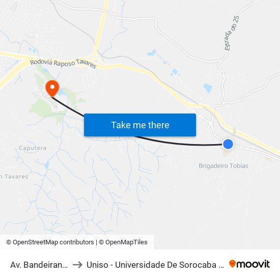 Av. Bandeirantes, 3790 to Uniso - Universidade De Sorocaba Cidade Universitária map