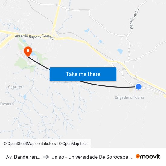 Av. Bandeirantes, 3984 to Uniso - Universidade De Sorocaba Cidade Universitária map