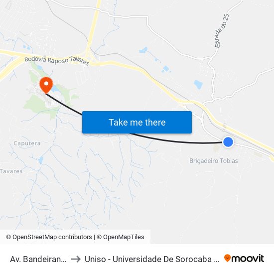 Av. Bandeirantes, 3966 to Uniso - Universidade De Sorocaba Cidade Universitária map