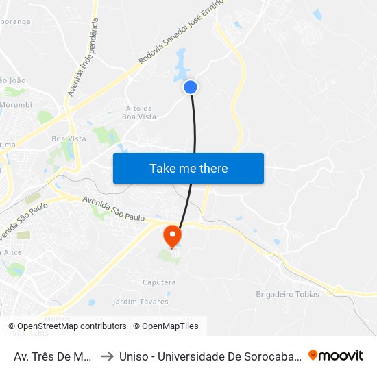 Av. Três De Março, 3610 to Uniso - Universidade De Sorocaba Cidade Universitária map