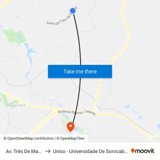 Av. Três De Março, Cx. 200 to Uniso - Universidade De Sorocaba Cidade Universitária map