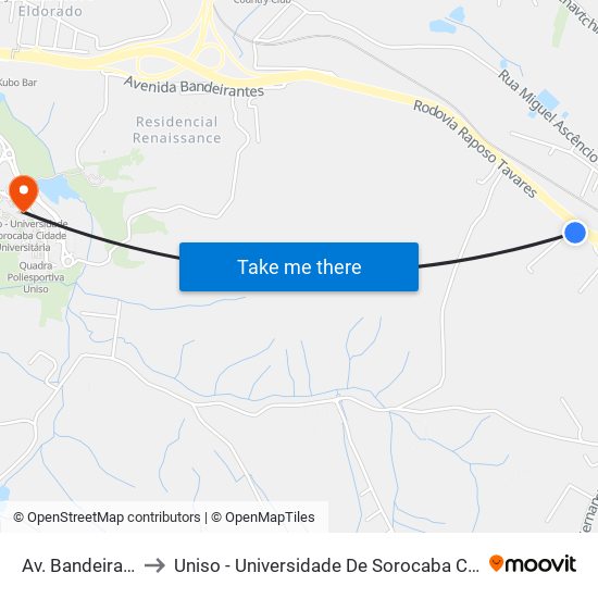 Av. Bandeirantes, Sn to Uniso - Universidade De Sorocaba Cidade Universitária map
