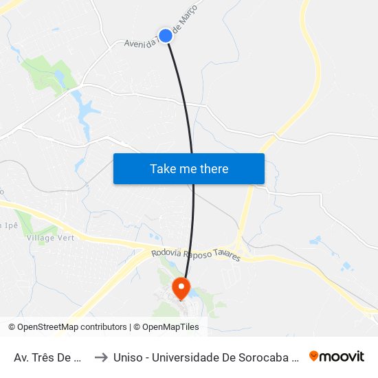 Av. Três De Março, Sn to Uniso - Universidade De Sorocaba Cidade Universitária map