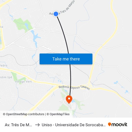 Av. Três De Março, 2470 to Uniso - Universidade De Sorocaba Cidade Universitária map