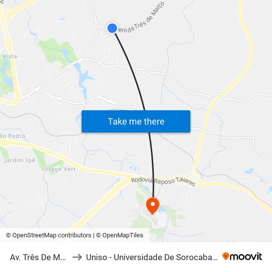 Av. Três De Março, 2465 to Uniso - Universidade De Sorocaba Cidade Universitária map