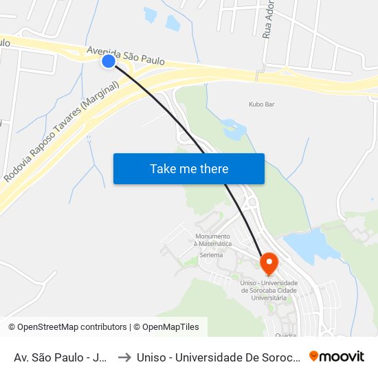 Av. São Paulo - João Salerno , Sn to Uniso - Universidade De Sorocaba Cidade Universitária map