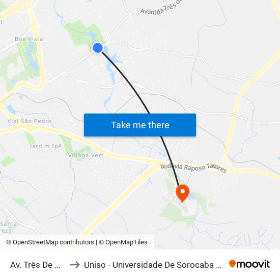 Av. Três De Março, Sn to Uniso - Universidade De Sorocaba Cidade Universitária map