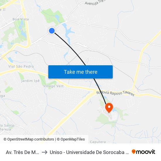 Av. Três De Março, 700 to Uniso - Universidade De Sorocaba Cidade Universitária map
