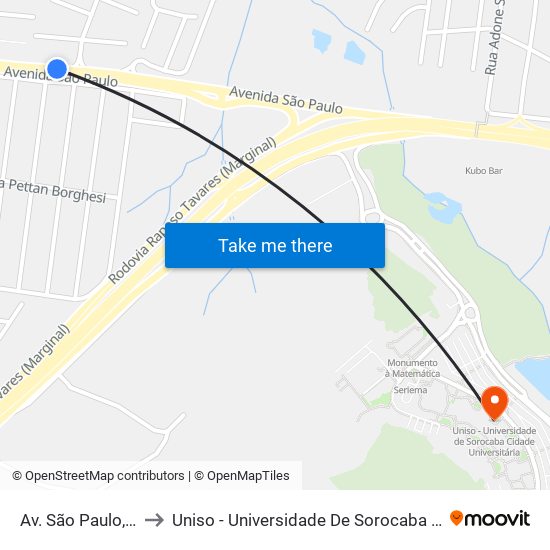 Av. São Paulo, Nº 5.235 to Uniso - Universidade De Sorocaba Cidade Universitária map