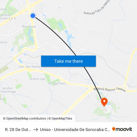 R. 28 De Outubro, Sn to Uniso - Universidade De Sorocaba Cidade Universitária map