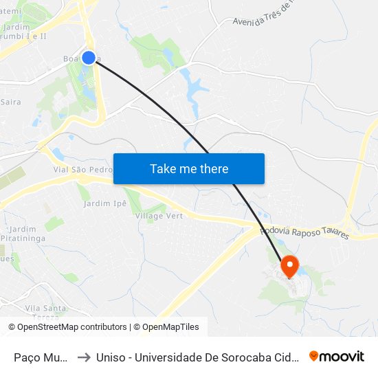 Paço Municipal to Uniso - Universidade De Sorocaba Cidade Universitária map