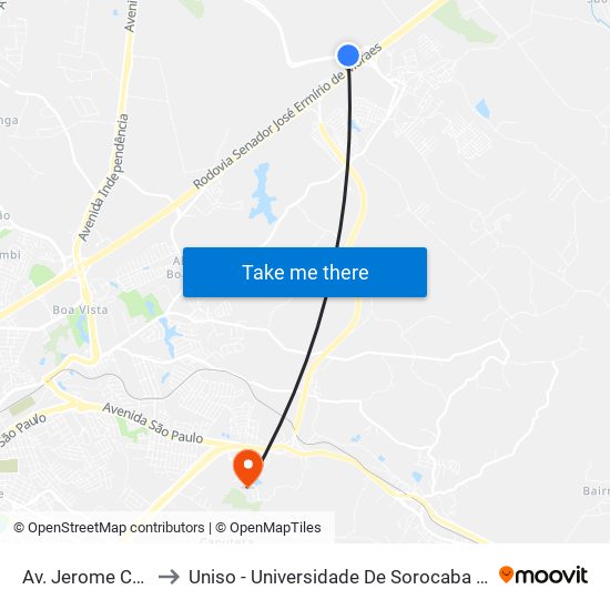 Av. Jerome Case, 1300 to Uniso - Universidade De Sorocaba Cidade Universitária map