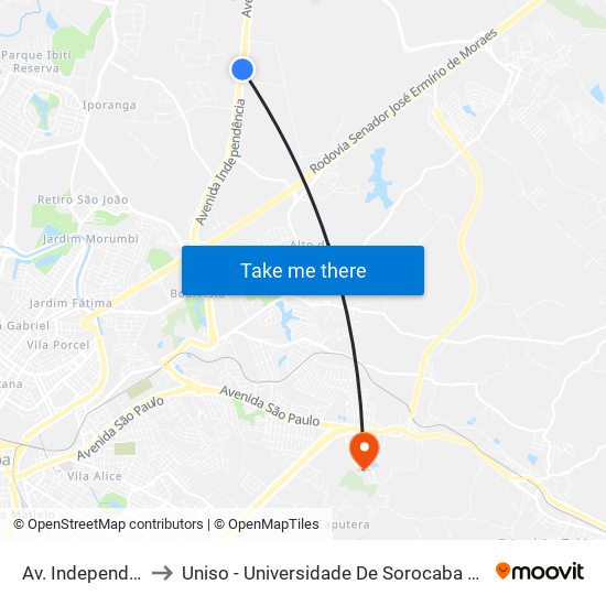 Av. Independência, Sn to Uniso - Universidade De Sorocaba Cidade Universitária map