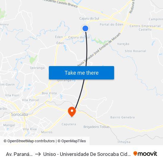 Av. Paraná, 2865 to Uniso - Universidade De Sorocaba Cidade Universitária map