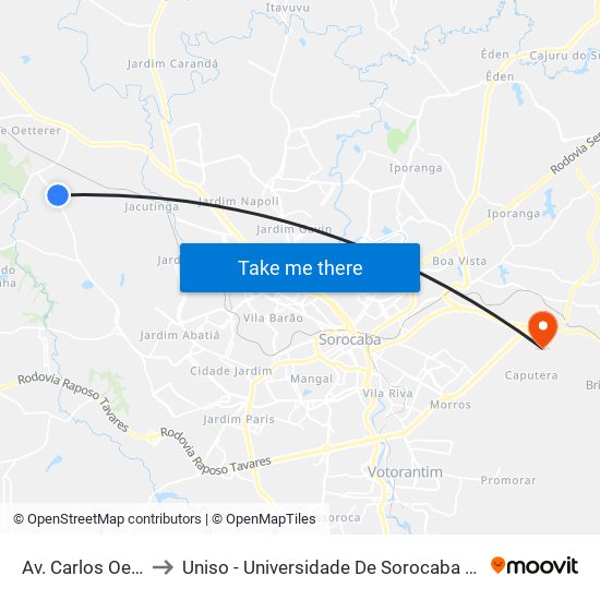 Av. Carlos Oetterer, Sn to Uniso - Universidade De Sorocaba Cidade Universitária map