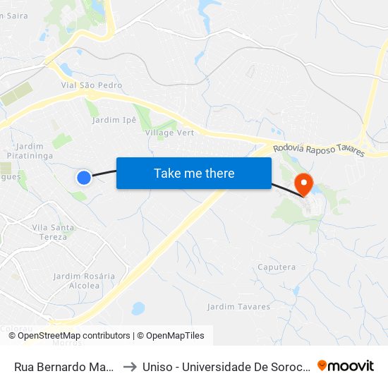 Rua  Bernardo Martins Junior, 257 to Uniso - Universidade De Sorocaba Cidade Universitária map