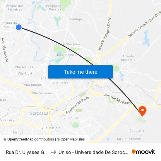 Rua  Dr. Ulysses Guimarães, S/Nº to Uniso - Universidade De Sorocaba Cidade Universitária map