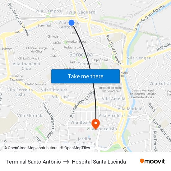 Terminal Santo Antônio to Hospital Santa Lucinda map