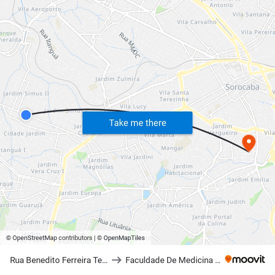 Rua  Benedito Ferreira Teles, Df.Nº994 to Faculdade De Medicina De Sorocaba map