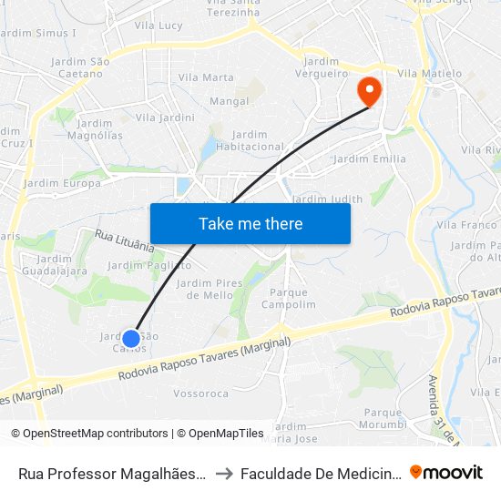 Rua  Professor Magalhães De Noronha, 466 to Faculdade De Medicina De Sorocaba map