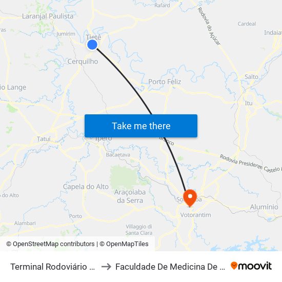 Terminal Rodoviário De Tietê to Faculdade De Medicina De Sorocaba map