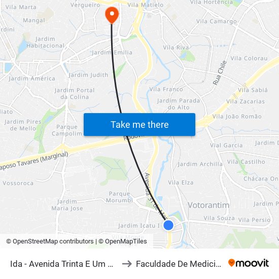 Ida - Avenida Trinta E Um De Março, 268-294 to Faculdade De Medicina De Sorocaba map