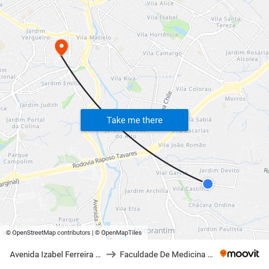 Avenida Izabel Ferreira Coelho, 150 to Faculdade De Medicina De Sorocaba map