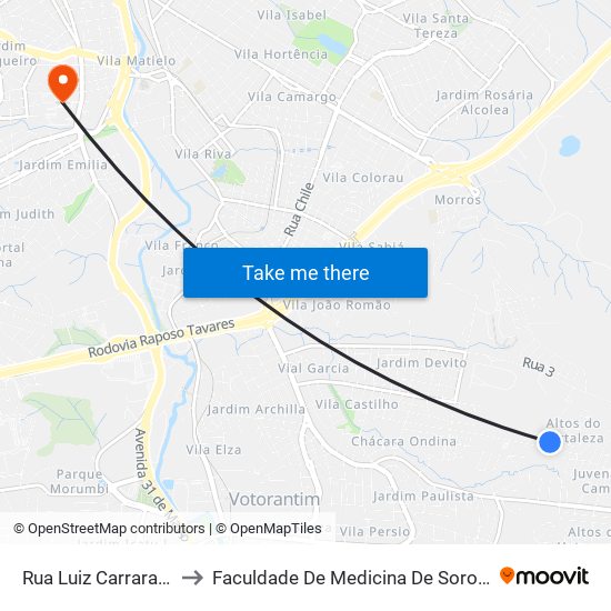 Rua Luiz Carrara, 38 to Faculdade De Medicina De Sorocaba map