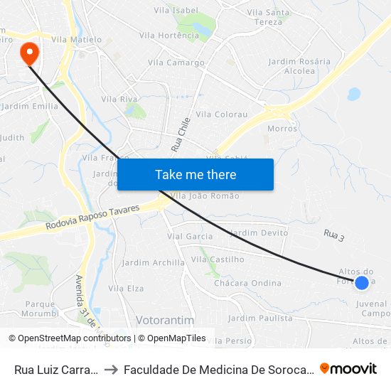 Rua Luiz Carrara to Faculdade De Medicina De Sorocaba map