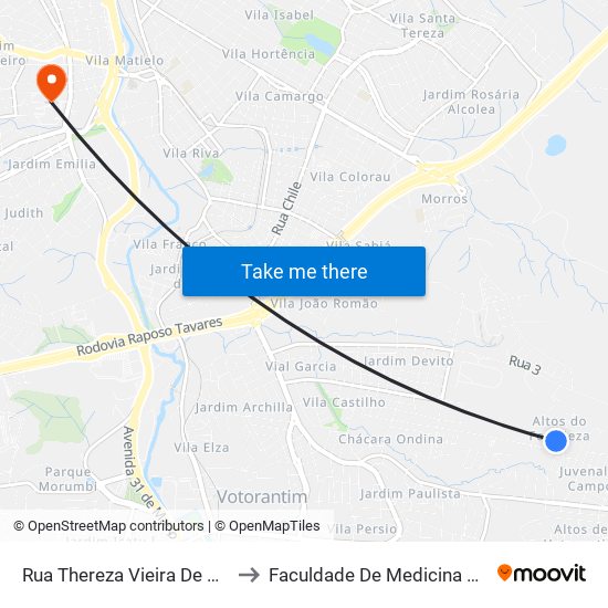 Rua Thereza Vieira De Moraes, 130 to Faculdade De Medicina De Sorocaba map