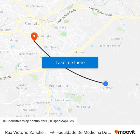 Rua Victório Zanchetta, 629 to Faculdade De Medicina De Sorocaba map