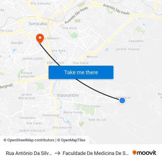 Rua Antônio Da Silva, 183 to Faculdade De Medicina De Sorocaba map