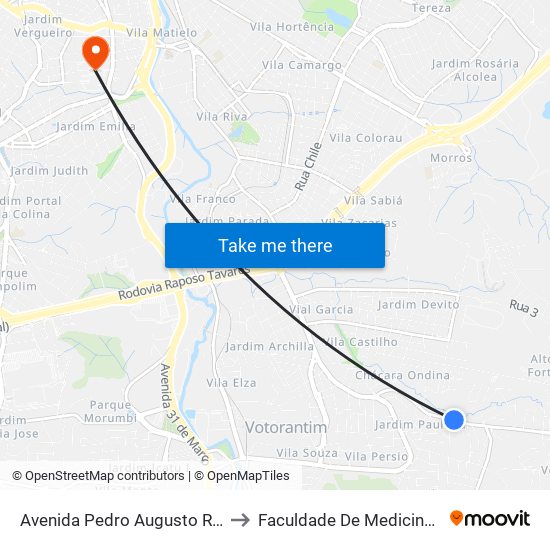 Avenida Pedro Augusto Rangel, 611-641 to Faculdade De Medicina De Sorocaba map