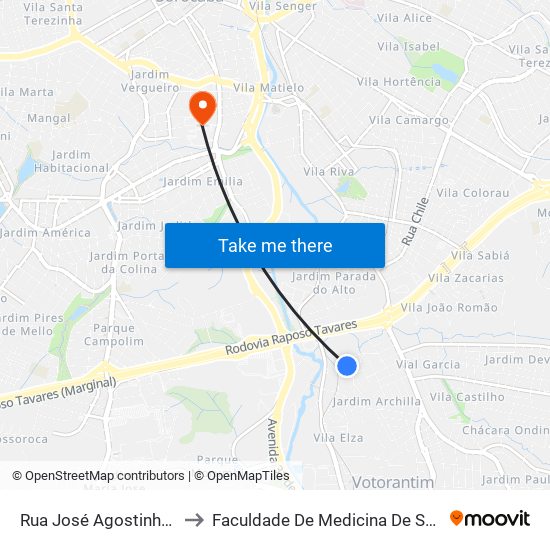 Rua José Agostinho, 245 to Faculdade De Medicina De Sorocaba map