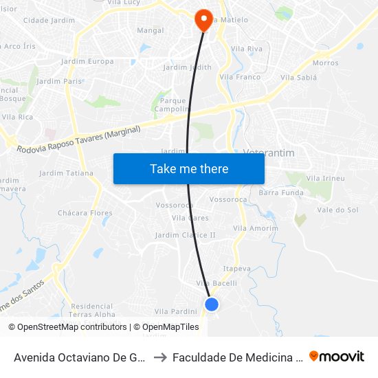 Avenida Octaviano De Góes Vieira, 15 to Faculdade De Medicina De Sorocaba map