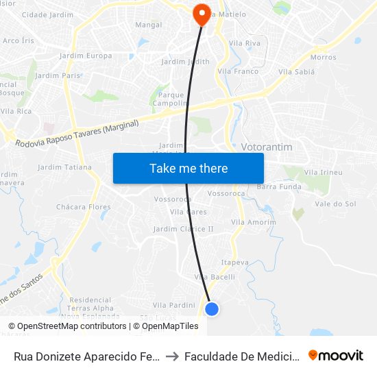 Rua Donizete Aparecido Ferreira Camargo, 42 to Faculdade De Medicina De Sorocaba map