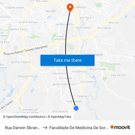 Rua Darwin Sbrana, 91 to Faculdade De Medicina De Sorocaba map